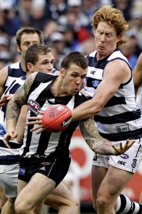 Cats tagger Cameron Ling puts Magpies midfielder Dane Swan under pressure.