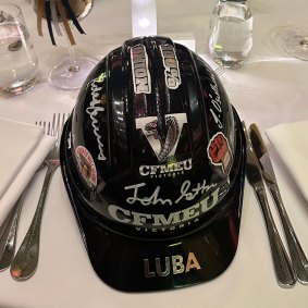 State MP Luba Grigorovitch’s CFMEU birthday hat at the conference gala dinner.