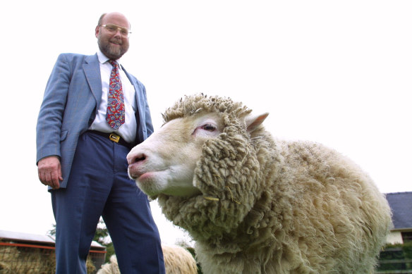 Scientist and professor Ian Wilmut and Dolly, the world’s first cloned sheep, at the Roslin Institute near Edinburgh where Dolly was developed and created, 2002.