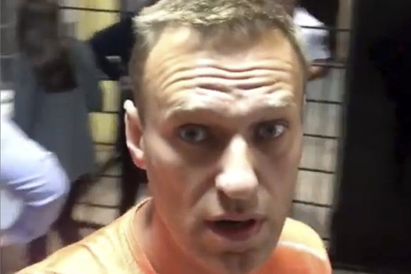 Russian opposition activist Alexei Navalny films himself in a police station in Moscow, Russia, at the time of his arrest last week.