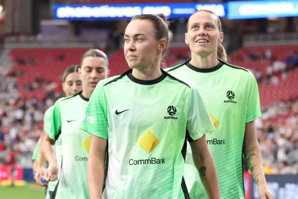 Australia’s Caitlin Foord (centre) before the SheBelieves Cup match against the US on Monday.