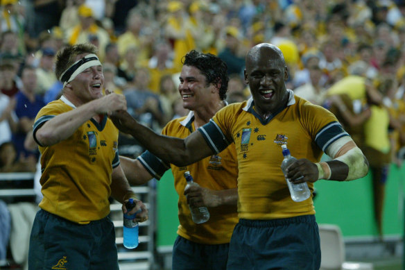 High-profile league recruit Wendell Sailor celebrating after the Wallabies won through to the 2003 Rugby World Cup final.