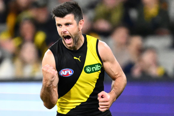 Trent Cotchin celebrates a goal.