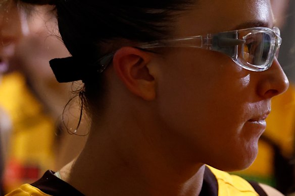 Jas Fleming in her protective glasses.
