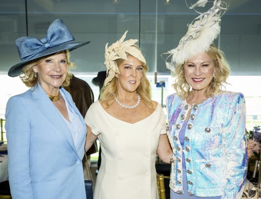 Social gals: Skye Leckie, Fran Ingham, Kerri-Anne Kennerley pictured at Randwick Racecourse during Everest Day 2022.