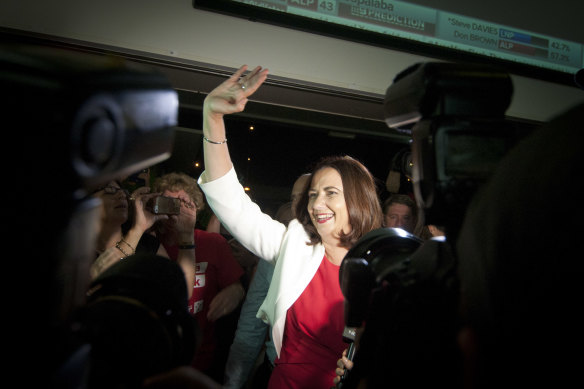 Annastacia Palaszczuk celebrates Labor’s win on election night in  2015.
