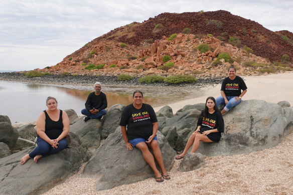 Traditional custodians Adrianna Irvine-Stanes, Patrick Churnside, Josie Alec, Denae Clifton and Raelene Cooper at Murujuga.