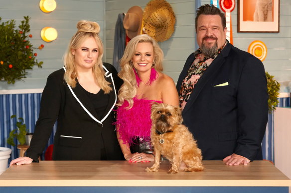 Pooch Perfect host Rebel Wilson with judges and professional dog groomers Amber Lewin and Colin Taylor.