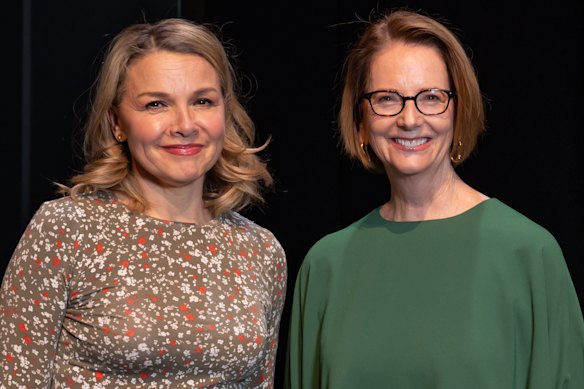 Former prime minister Julia Gillard  with Justine Clarke following a performance of Julia last year.