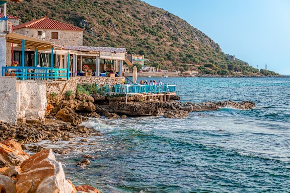The classic Greek seafront fish tavernas of Oitylo overlook the Laconic Gulf.