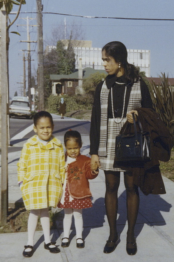 Kamala Harris in 1970 with sister Maya (centre) and mum Shyamala, who separated from her father, Donald, when Harris was five.