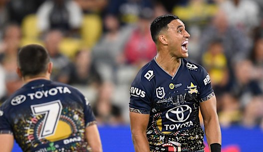 Valentine Holmes celebrates his match-winning play for the Cowboys.