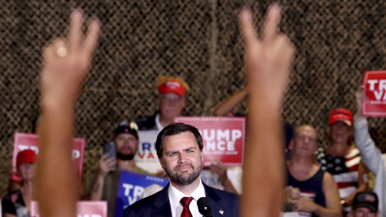 Republican vice-presidential nominee J.D. Vance speaks at a rally at the Pima County Fair Grounds, in Tucson, Arizona.