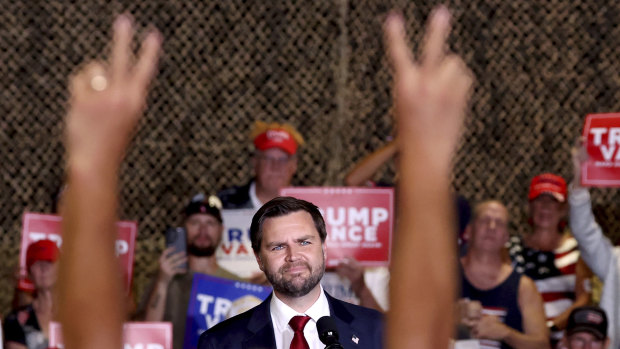 Republican vice-presidential nominee J.D. Vance speaks at a rally at the Pima County Fair Grounds, in Tucson, Arizona.