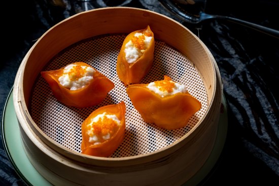 Prawn dumpling, egg white cloud, flying fish roe.