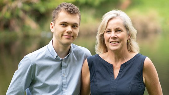 Hamish Fairlie, 20, and his mother Fiona. Hamish received his first cochlear implant when he was five, and a second in the other ear when he was 14.