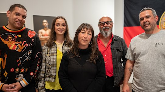 Tony Albert, Lily Eather, Megan Cope, Gordon Hookey and Warraba Weatherall attend the opening of Occurrent Affair in Sydney.
