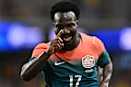 Nestory Irankunda celebrating his goal in the Socceroos’ friendly against Brazil.