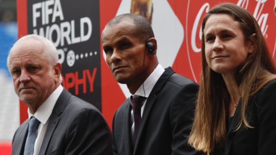 Graham Arnold and FIFA legends Rivaldo and Heather O’Reilly at Allianz Stadium on Monday, where the men’s and women’s FIFA World Cup trophies were on display.