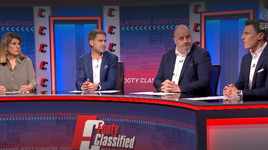 Nine’s Footy Classified panelists Caroline Wilson, Kane Cornes, Craig Hutchison, and Matthew Lloyd on Tuesday. 