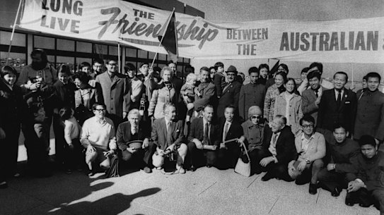 Members of the Chinese Table Tennis Team at Sydney Airport in 1972.
