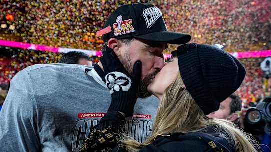 Taylor Swift and Travis Kelce at an NFL game in Missouri last year.