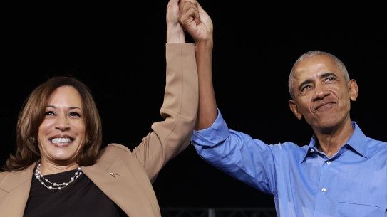presidential nominee, U.S. Vice President Kamala Harris, campaigns with former President Barack Obama.