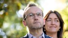 Greens leader Adam Bandt with Senator Steph Hodgins-May in Melbourne’s Treasury Gardens on Monday.