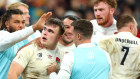 England celebrate Theo Dan’s try in the win over Argentina.