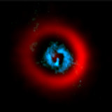 An image of the dust ring (red) and gaseous spirals (blue) of the circumstellar disk AB Aurigae reveals gaseous spiral arms inside a wide dust gap, providing a hint of planet formation. 