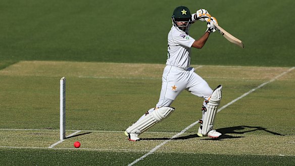 Pakistan's Babar Azam bats on Monday.