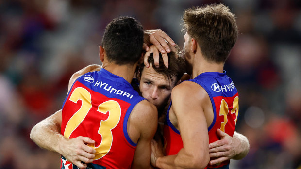 Charlie Cameron, Lincoln McCarthy and Zac Bailey of the Lions.