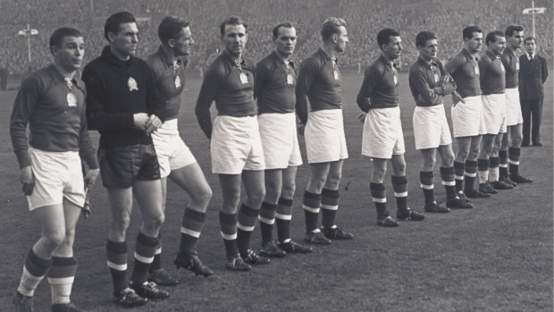 Hungary lines up to face England at Wembley in 1953.