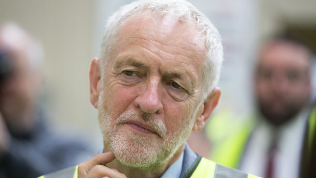 Britain's Labour leader Jeremy Corbyn during a visit to the Alexander Dennis bus manufacturer, in Falkirk, Scotland.