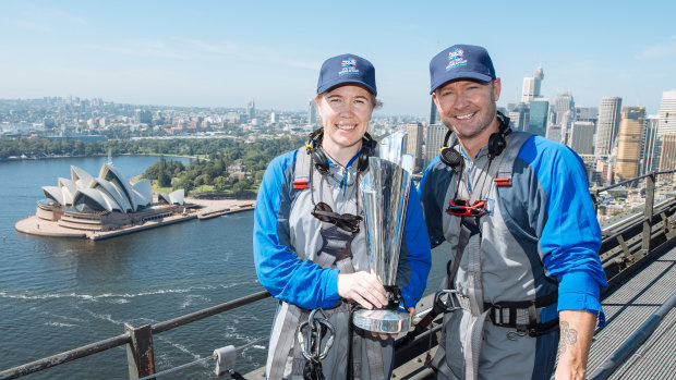 Former Australian captains Alex Blackwell and Michael Clarke atop the Sydney Harbour Bridge on Tuesday morning.