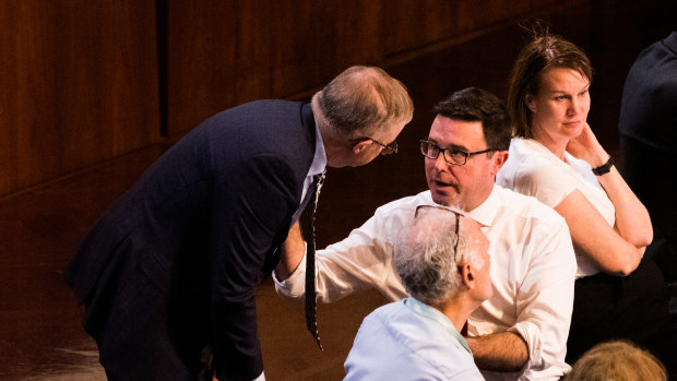 Nationals leader David Littleproud talks to Anthony Albanese during the summit.