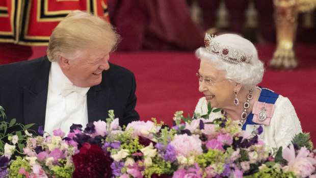 US President Donald Trump and the Queen laugh during the State Banquet at Buckingham Palace.