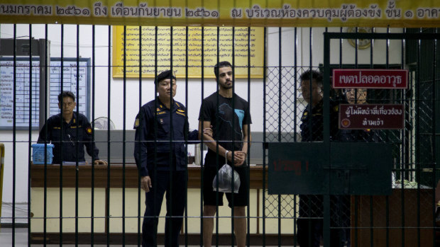 Fate in the balance: Hakeem al-Araibi waits to be transferred to a Thai jail. 