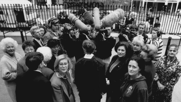 Beryl Evans, Dorothy Isaacson, Helen Sham-Ho, Meredith Burgman, Patricia Forsyth, Franca Arena, Anne Symonds, Delcia Kite and Judith Walker walk out of the parliamentary debate on the Rev. Fred Nile's anti-abortion bill in 1991.
