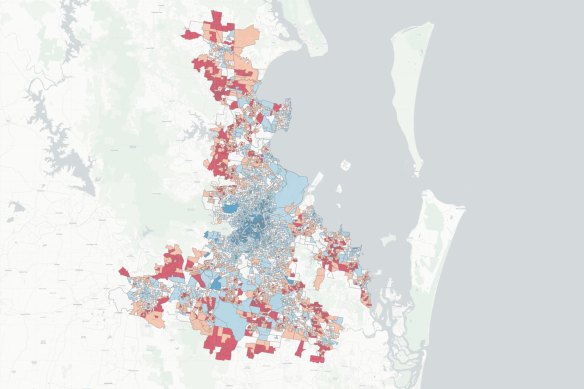 Red areas show high household vulnerability to increases in mortgage and petrol costs as commuters are still forced to drive. The Caboolture West, Southern Redlands, and Yarrabilba growth areas are all in these red “highly vulnerable areas”.