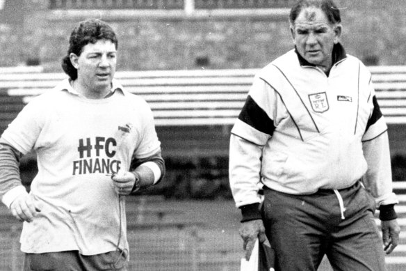 A young Phil Gould and Jack Gibson, who introduced tackle counts to rugby league, in NSW Origin camp in 1989.