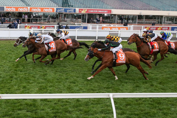 Sierra Sue, with Daniel Moor in the saddle, wins the Sir Rupert Clarke Stakes at Caulfield.