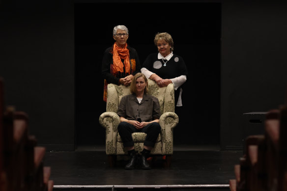 Kathryn Joy (seated) sought out the close friends of Carolyn Stuckey (Vicki Sheaffe, left. and Jill Brodie) to understand what happened. They are pictured in the Lismore theatre where Carolyn appeared in a play with the man who would become her lover.