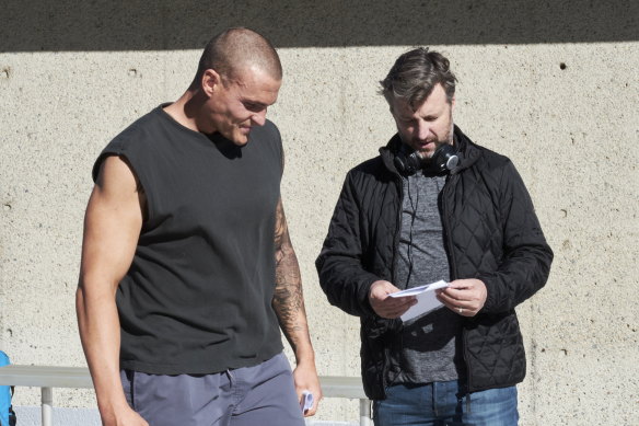 Writer-director Gregor Jordan, right on set with leading man Alexander Bertrand in 2018.