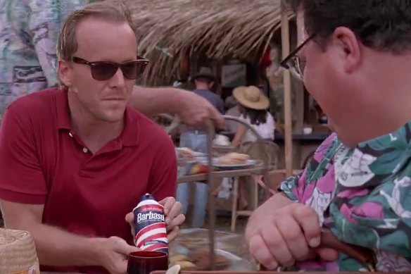Lewis Dodgson (Cameron Thor) supplies Dennis Nedry (Wayne Knight)  with a modified can of Barbasol shaving cream in Jurassis Park.

