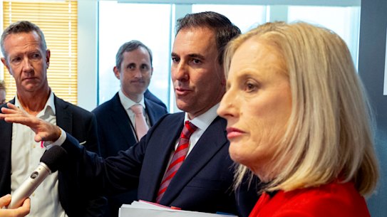 Finance Minister Katy Gallagher (right) and Treasurer Jim Chalmers during the budget lock-up on Tuesday.