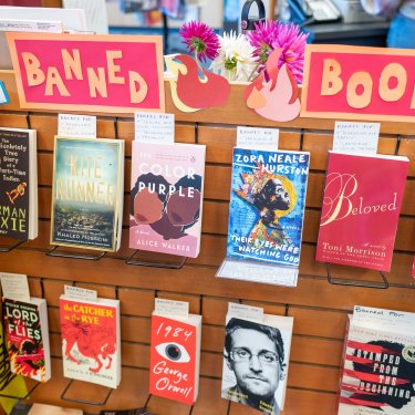 Display of banned books or censored books at Books Inc independent bookstore in Alameda, California in October.
