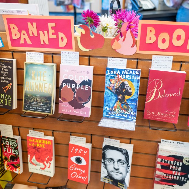 Display of banned books or censored books at Books Inc independent bookstore in Alameda, California in October.