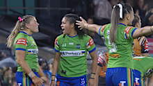 Raiders players celebrate at full-time.