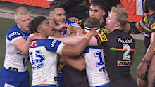 A small melee breaks out between Penrith and Bulldogs players.